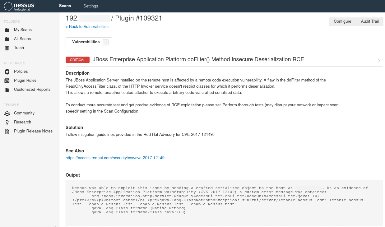 JBoss RCE vulnerability identified by Nessus